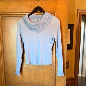 Moth Light Blue Long Sleeve Top with Ruffled Collar